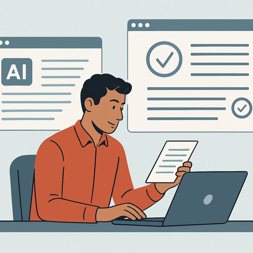 Illustration of a marketer reviewing AI-generated content with a fact-checking tool